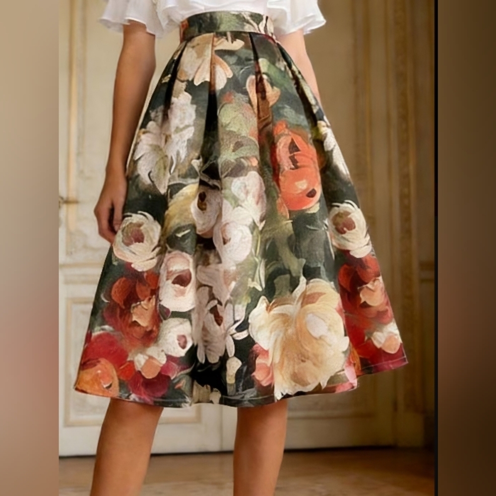 NEW ARRIVAL& GORGEOUS  Floral A-Line Midi Skirt in Black with Multi-Color Blooms